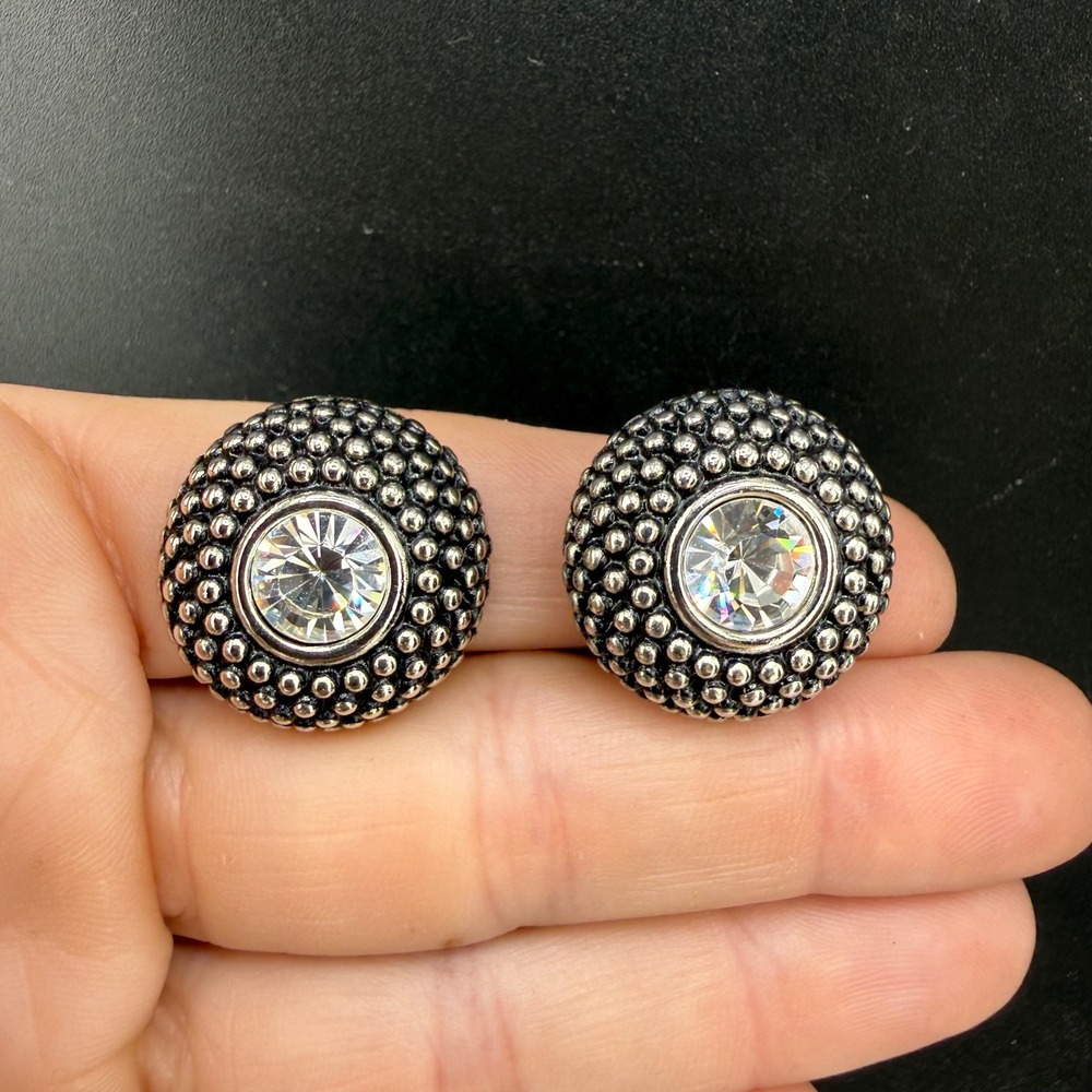 Vintage Joan Rivers Clip On Earrings Silver Tone Beaded Domed Clear Stone